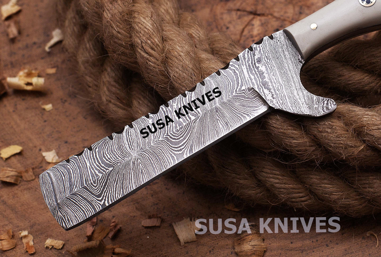 SUSA KNIVES Custom Handmade Damascus steel Bull cutter knife, cowboy knives with pancake leather sheath