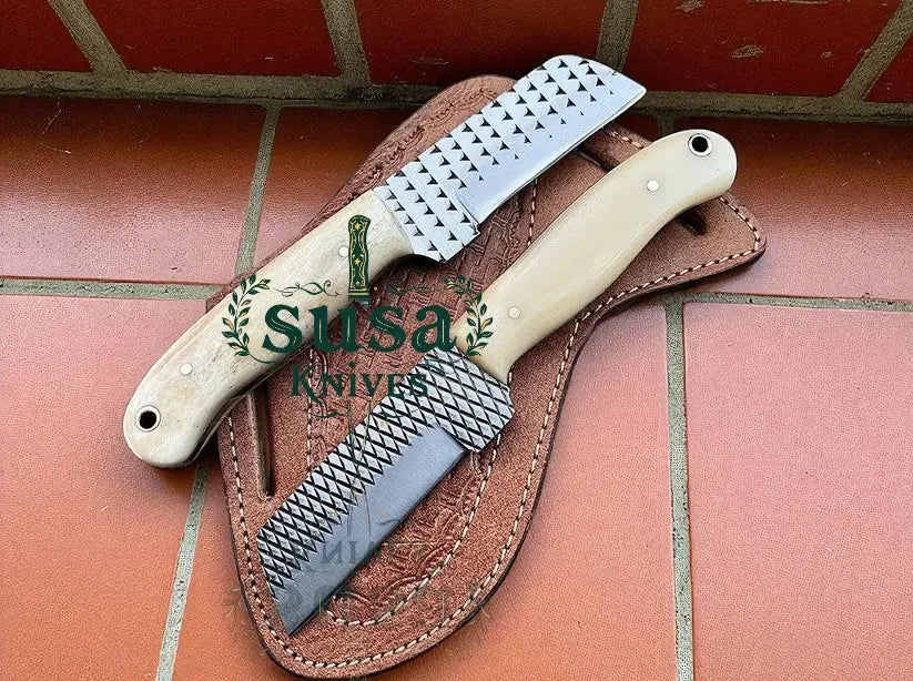Custom Handmade 7'' fixed blade hoof rasp knife/Cow boy knife/Bull cutter Cowboy knives with pancake leather sheath SUSA KNIVES