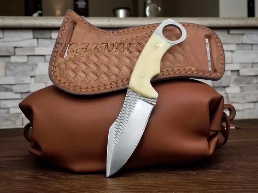 Handmade Fixed Blade Pointed Cowboy Skinner/Hunting Knife with Leather Sheath, Farrier Rasp Steel Razor Sharp Blade and Stag Handle for Hunting SUSA KNIVES