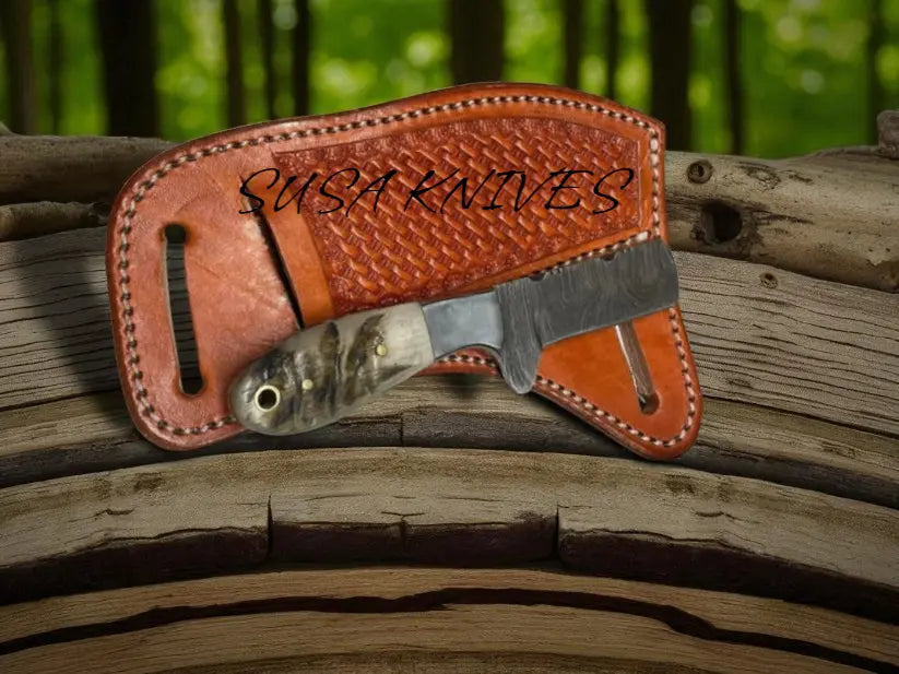 Custom Bull Cutter Knife for Sale - 7.5-Inch Full Tang Damascus Forged Steel Blade, Bone Handle, Leather Sheath susa knives SUSA KNIVES
