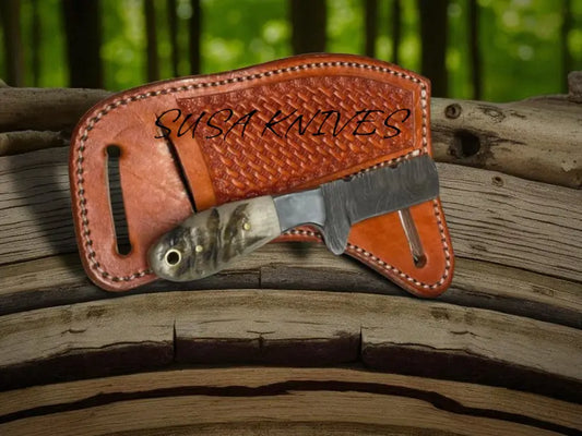 Custom Bull Cutter Knife for Sale - 7.5-Inch Full Tang Damascus Forged Steel Blade, Bone Handle, Leather Sheath susa knives SUSA KNIVES