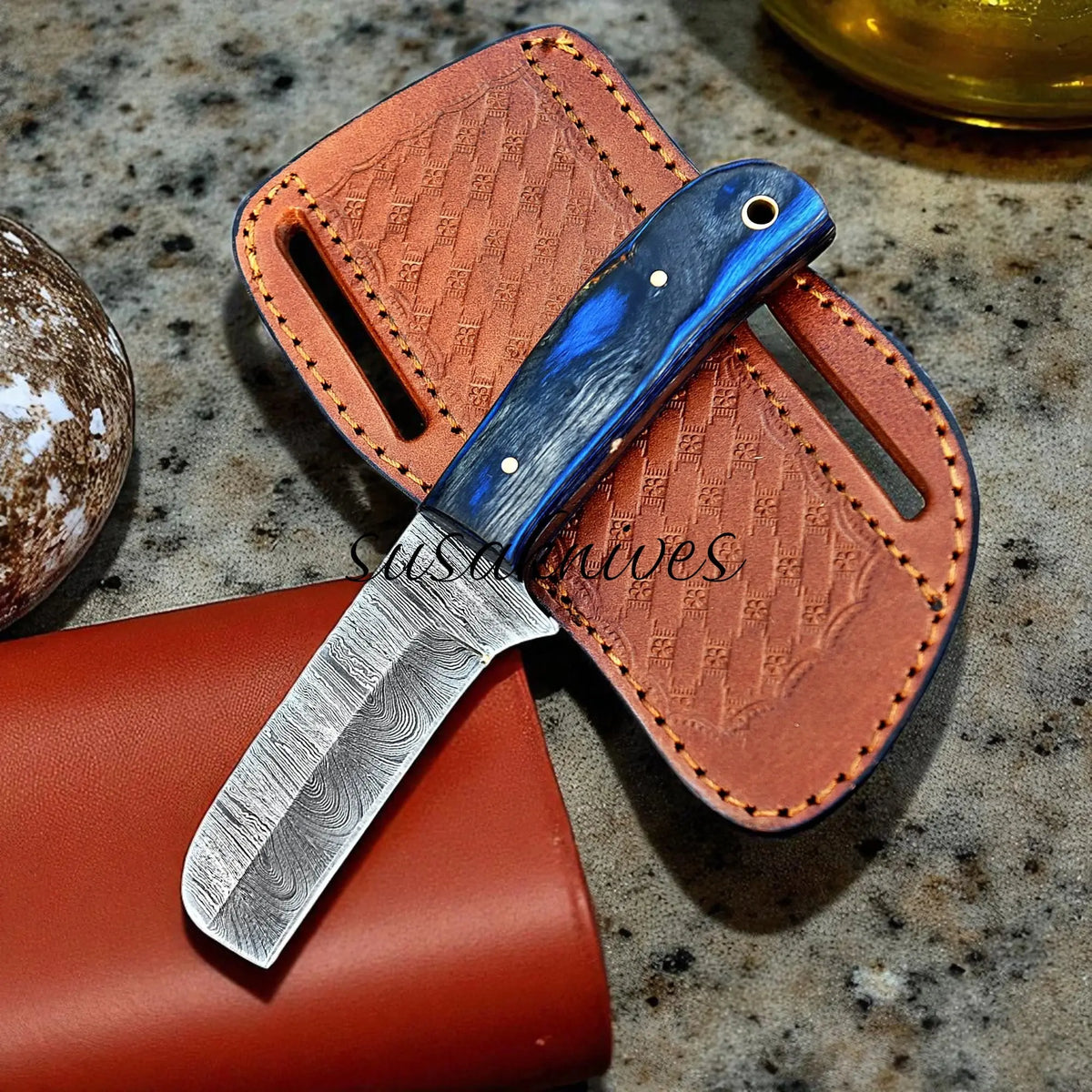 Damascus Bull cutter handmade cowboy knife, pancake leather sheath," "fixed blade, blue wood handle SUSA KNIVES