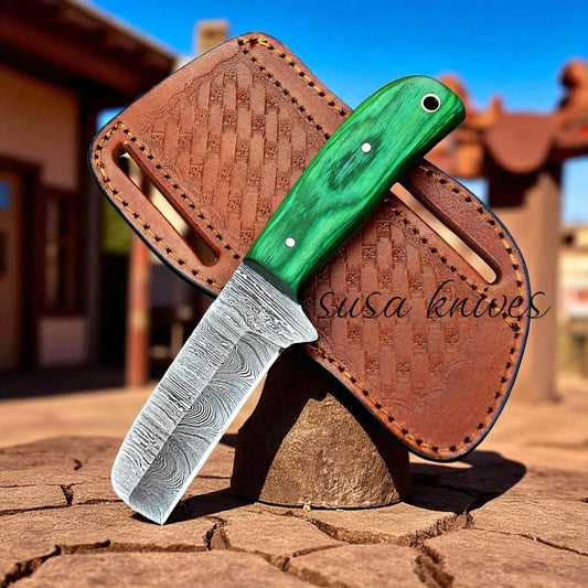 Damascus Bull cutter handmade cowboy knife, pancake leather sheath," "fixed blade, green wood handle SUSA KNIVES