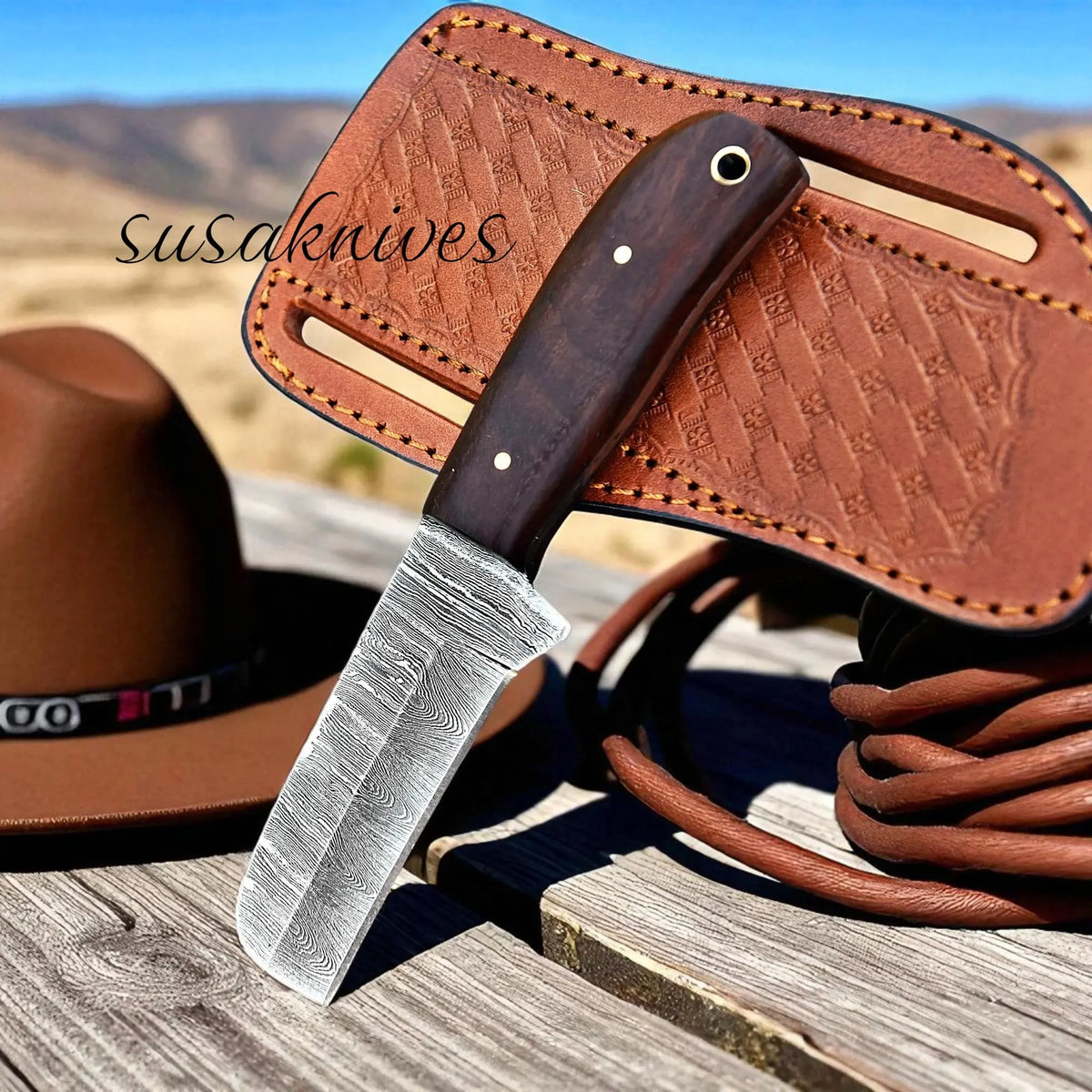 Damascus Bull cutter handmade cowboy knife, pancake leather sheath," "fixed blade, SUSA KNIVES