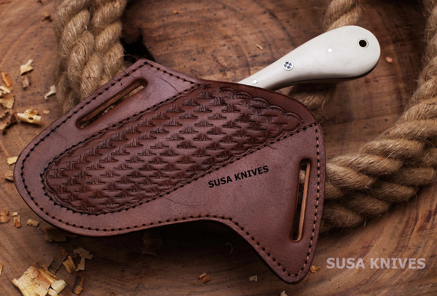 SUSA KNIVES Custom Handmade Damascus steel Bull cutter knife, cowboy knives with pancake leather sheath SUSA KNIVES