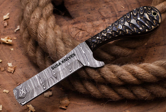 SUSA KNIVES Handmade Damascus Steel Bull Cutter Knife, Cowboy Fixed Blade knife, Wood Handle, EDC Knife PANCAKE Leather Sheath Gift For Men SUSA KNIVES