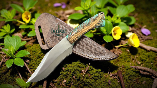 D2 Steel Hunting knives with Green pinecone handle Cross Draw Leather Sheath