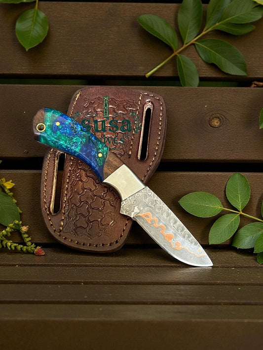 SUSA KNIVES 7'' COPPER DAMASCUS STEEL EDC COWBOY WITH PANCAKE LEATHER SHEATH