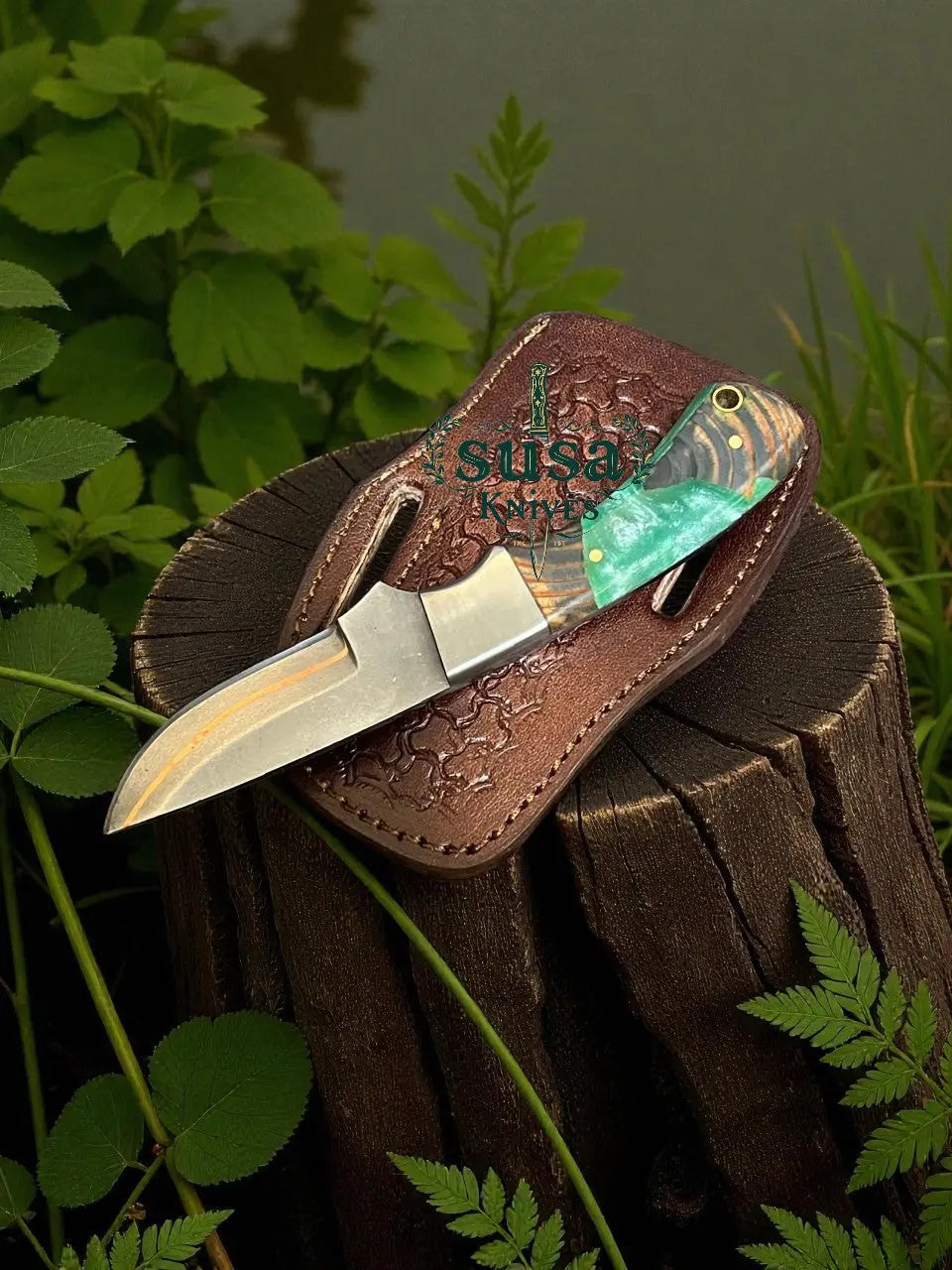 SUSA KNIVES Handmade 7'' Copper Damascus Steel Cowboy EDC Knife With Pan Cake Leather Case Best GIFT SUSA KNIVES