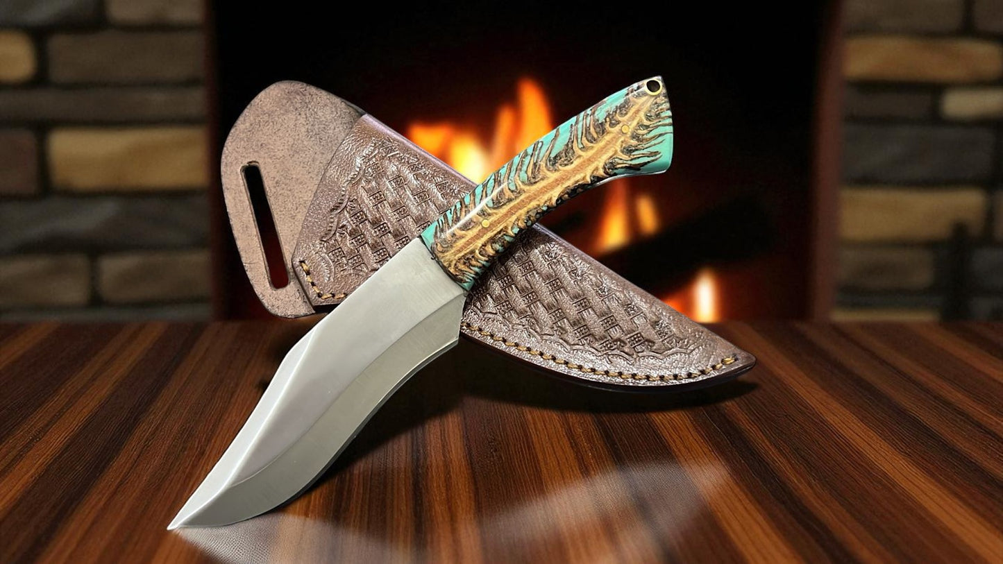 D2 Steel Hunting knives with Green pinecone handle Cross Draw Leather Sheath