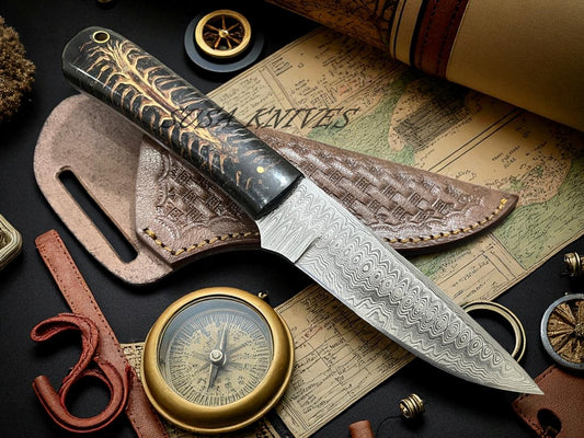 Damascus Steel Cowboy Knife with Pinecone Handle & Leather Sheath