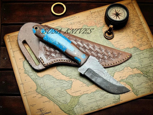 8" Damascus Steel Hunting Knife – Handmade EDC Fixed Blade with Genuine Leather Sheath SUSA KNIVES