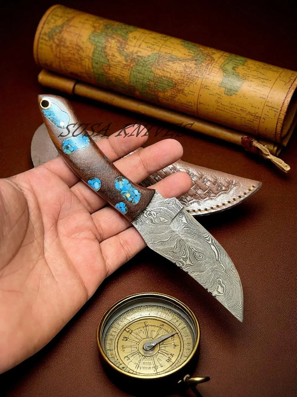 8" Damascus Steel Hunting Knife – Handmade EDC Fixed Blade with Genuine Leather Sheath SUSA KNIVES
