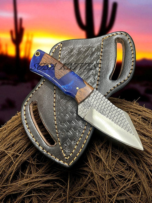 Handmade Rasp Steel Cowboy Knife with Resin Handle & Pancake Leather Sheath – Western Style Fixed Blade Knife