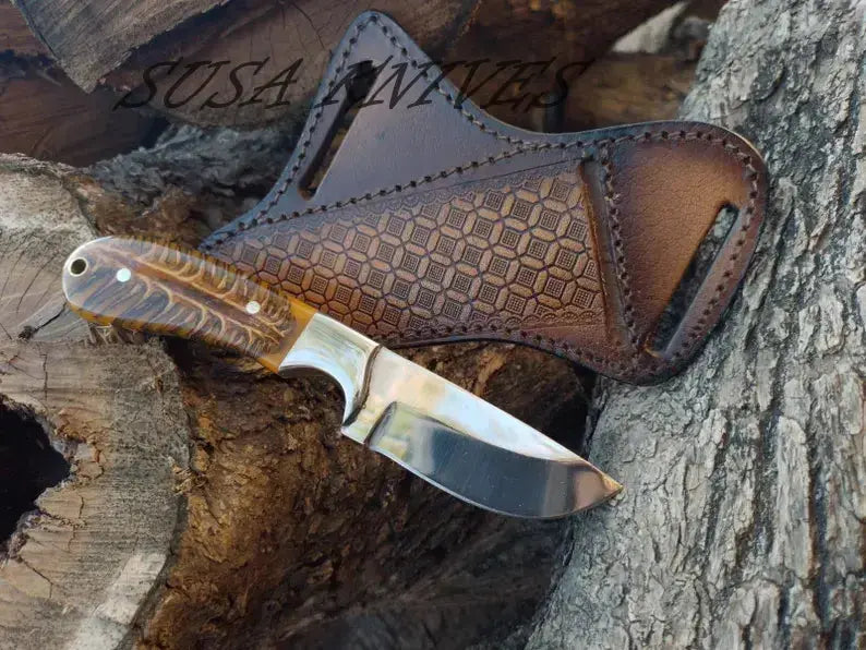 Handmade Bull Cutter Knife with Pancake Leather Sheath – Heavy Duty Fixed Blade Hunting & Skinning Knife SUSA KNIVES