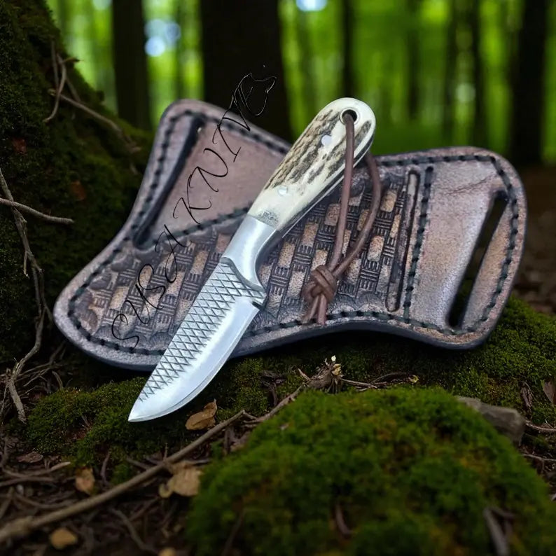Handmade Fixed Blade Pointed Cowboy Skinner/Hunting Knife with Leather Sheath, Farrier Rasp Steel Razor Sharp Blade and Stag Handle for Hunting SUSA KNIVES