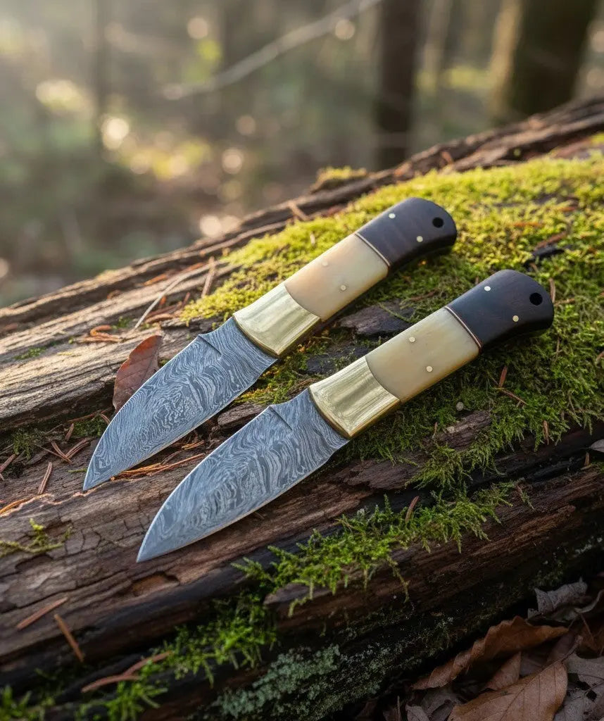 SUSA KNIVES 2-piece handmade damascus steel skinner knife set with wood and bone handles on a mossy log.