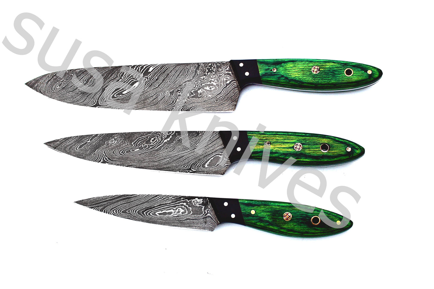 Custom Made Damascus Steel Kitchen Knives Set / Chef’s Knife 3-Pcs Set - SUSA KNIVES