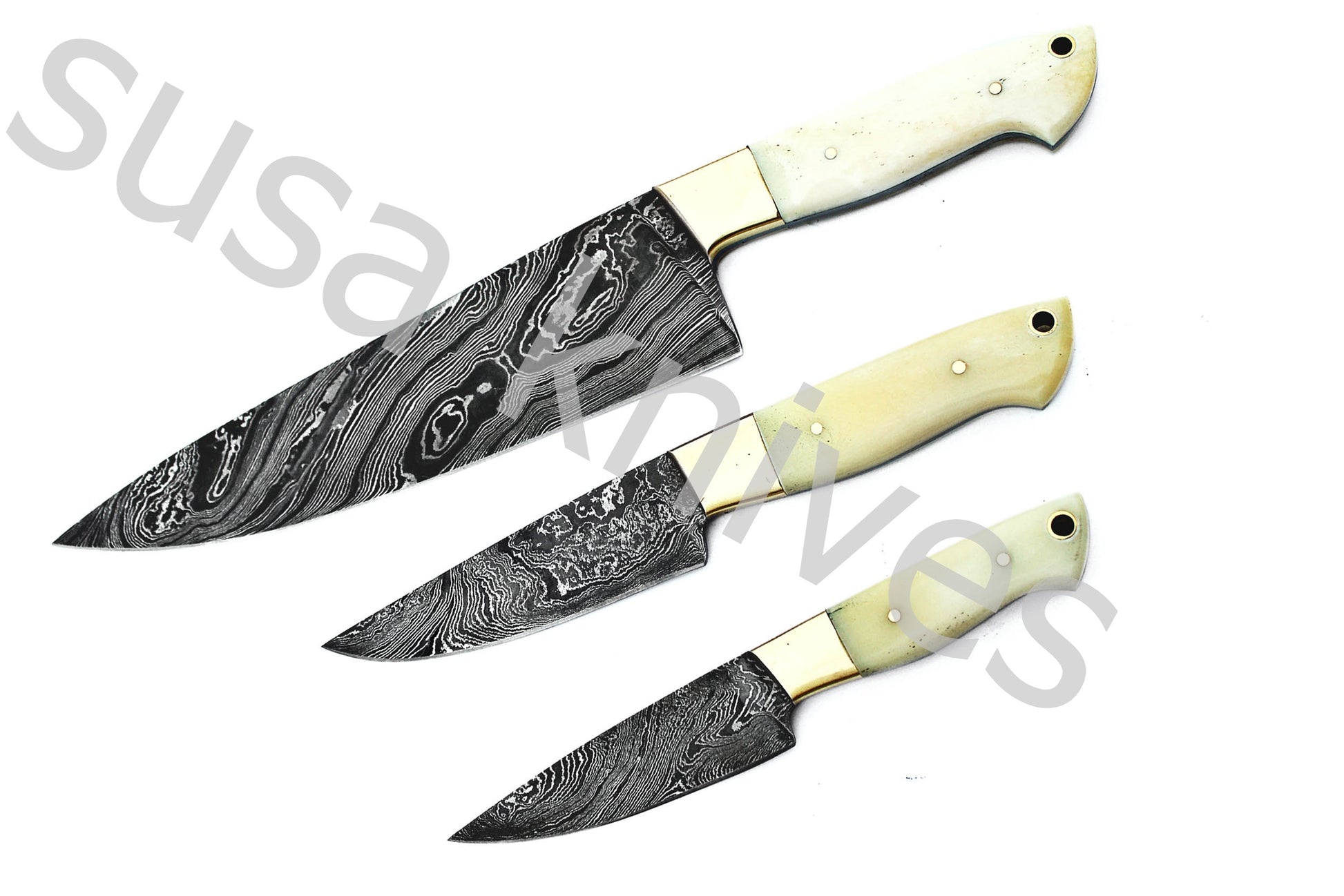 Custom Made Damascus Steel Kitchen Knives Set / Chef’s Knife 3-Pcs - SUSA KNIVES