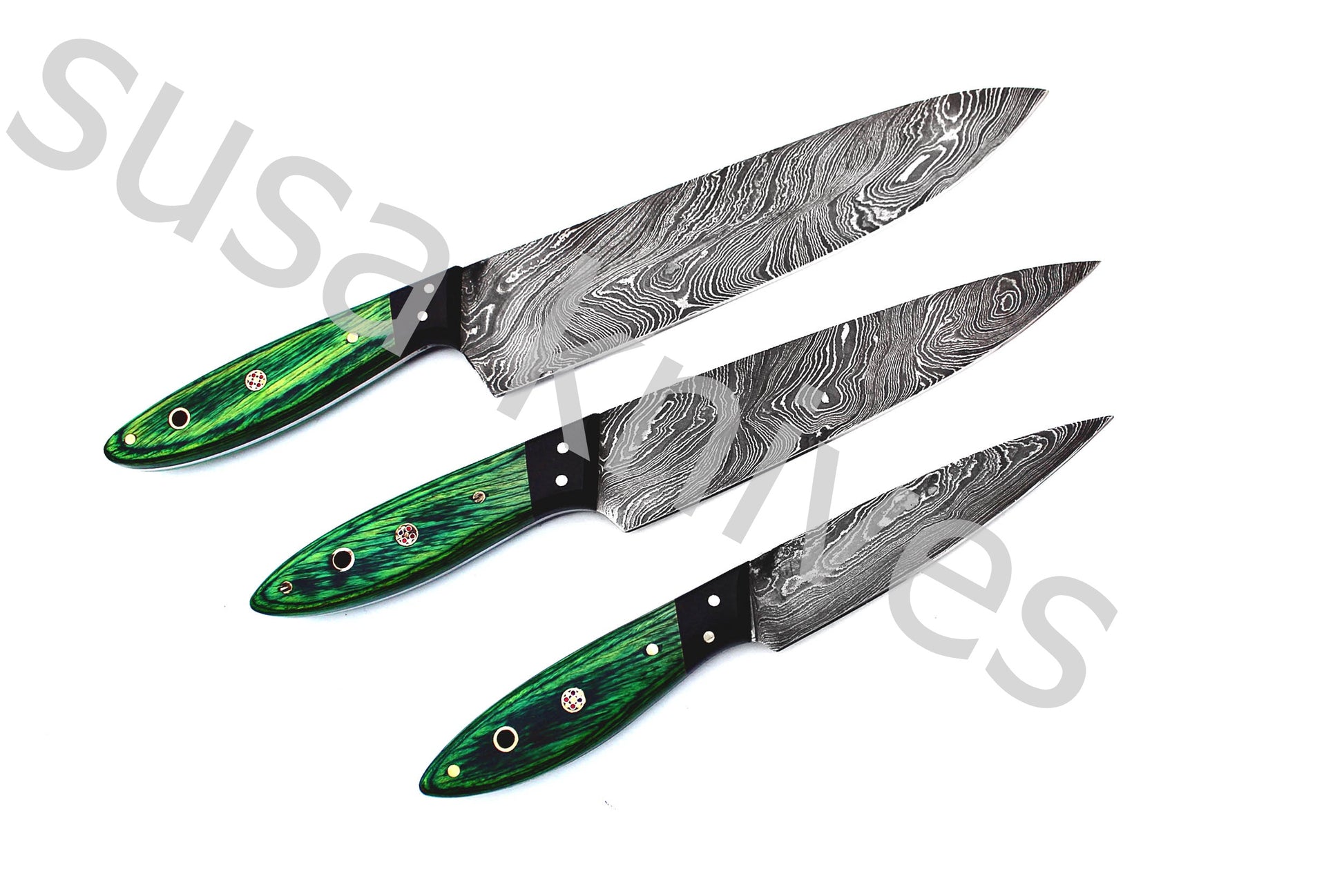 Custom Made Damascus Steel Kitchen Knives Set / Chef’s Knife 3-Pcs Set - SUSA KNIVES