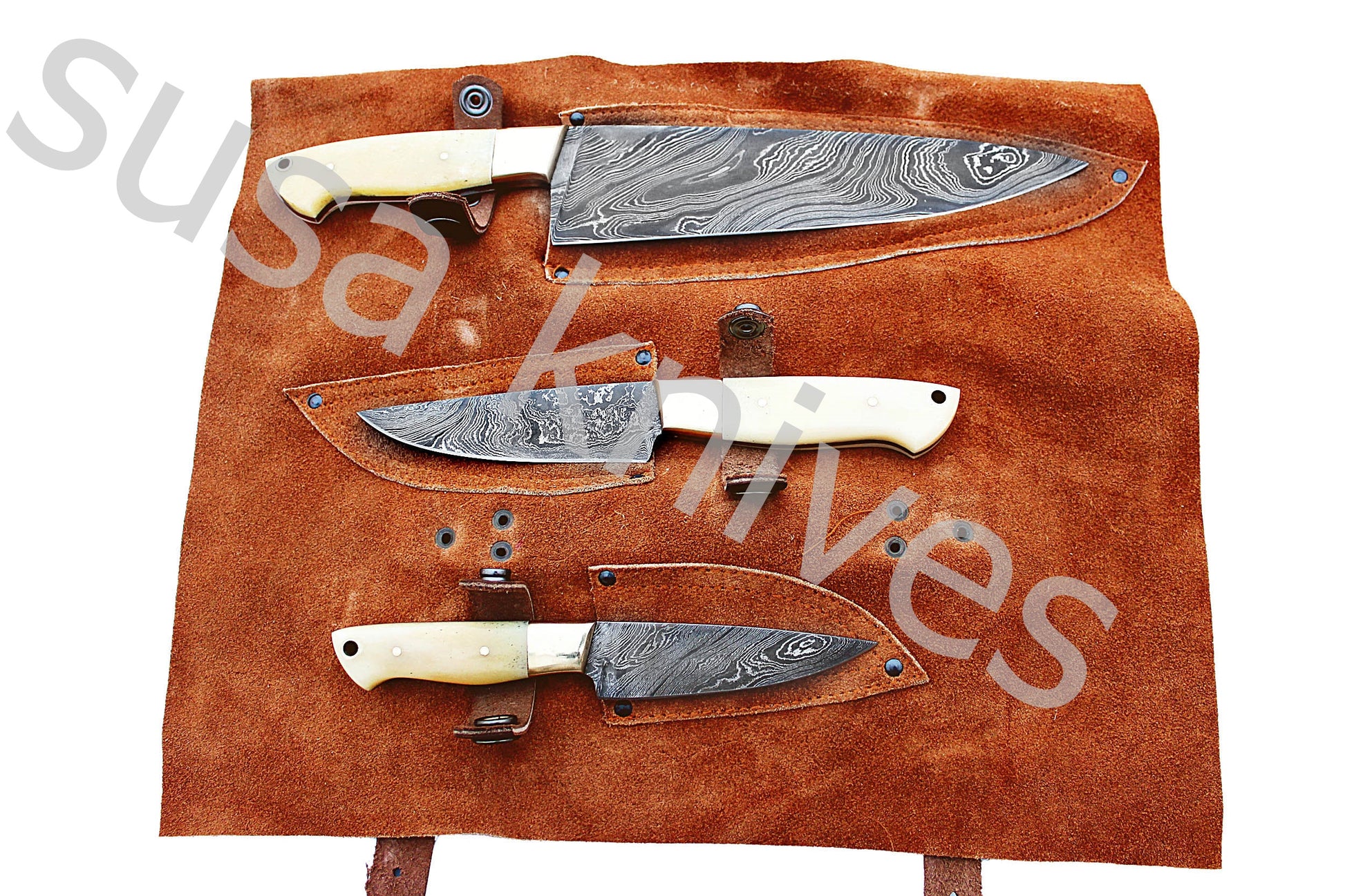 Custom Made Damascus Steel Kitchen Knives Set / Chef’s Knife 3-Pcs - SUSA KNIVES