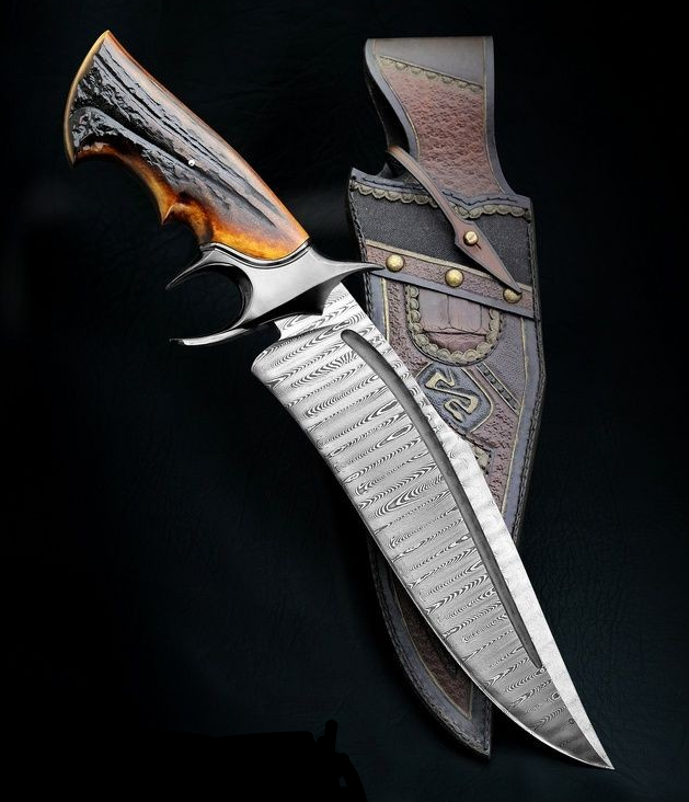 CUSTOM HANDMADE DAMASCUS STEEL HUNTING KNIFE - SUSA KNIVES