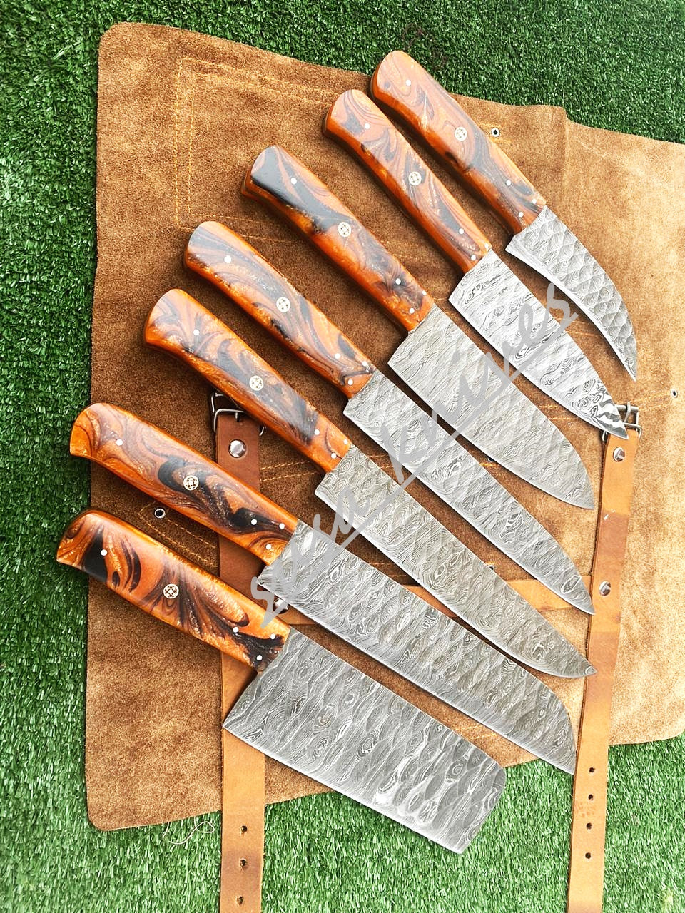 Set Of 7 Beautiful Handmade Damascus Steel Chef Knives With Leather Bag - SUSA KNIVES