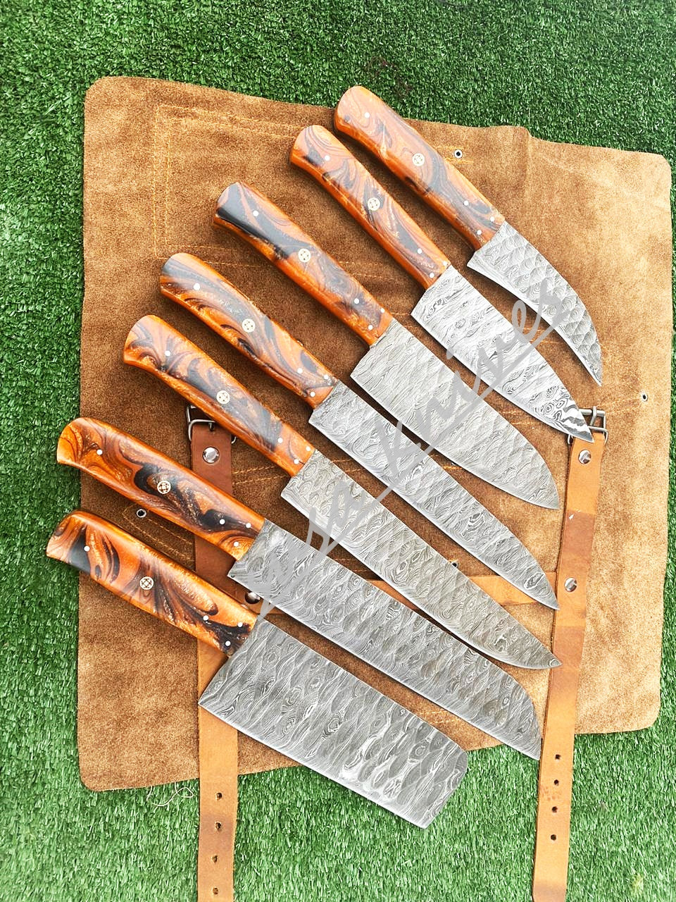 Set Of 7 Beautiful Handmade Damascus Steel Chef Knives With Leather Bag - SUSA KNIVES