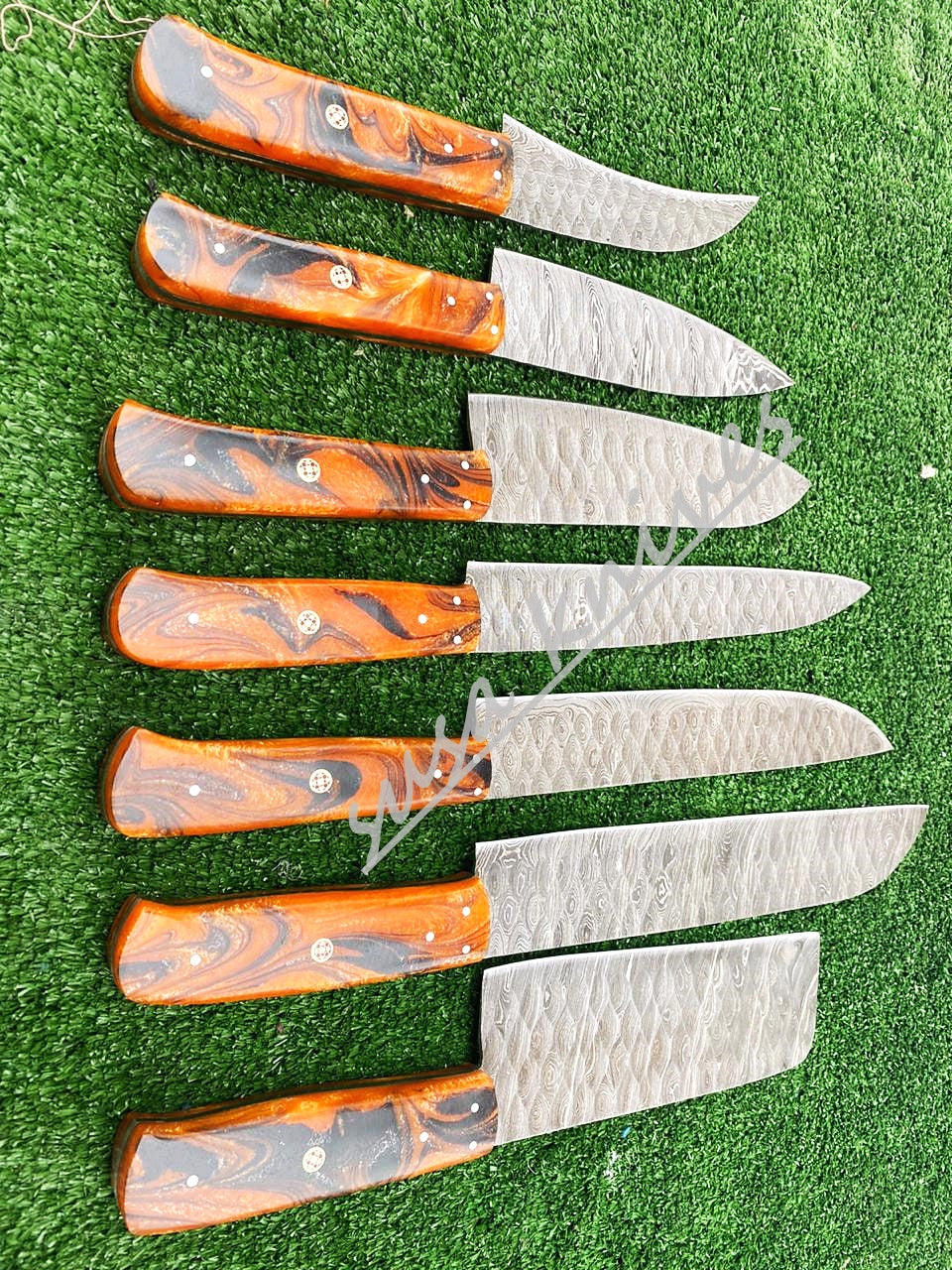 Set Of 7 Beautiful Handmade Damascus Steel Chef Knives With Leather Bag - SUSA KNIVES