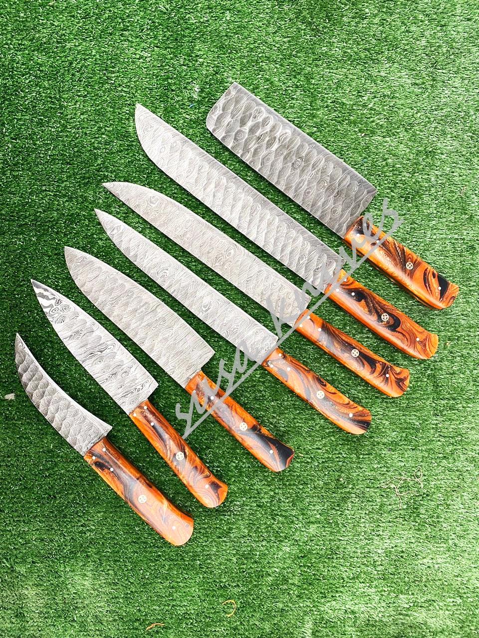 Set Of 7 Beautiful Handmade Damascus Steel Chef Knives With Leather Bag - SUSA KNIVES