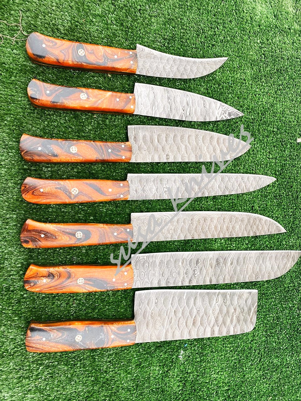 Set Of 7 Beautiful Handmade Damascus Steel Chef Knives With Leather Bag - SUSA KNIVES