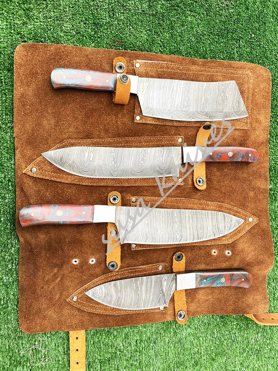 Custom Handmade Damascus Steel Fixed Blade Kitchen Chef Knife Set - SUSA KNIVES