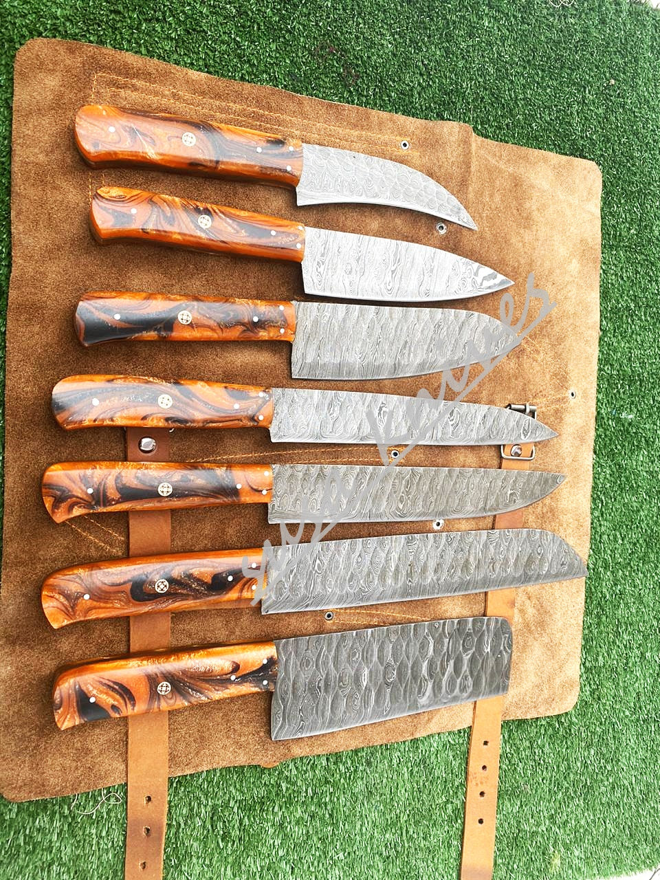 Set Of 7 Beautiful Handmade Damascus Steel Chef Knives With Leather Bag - SUSA KNIVES