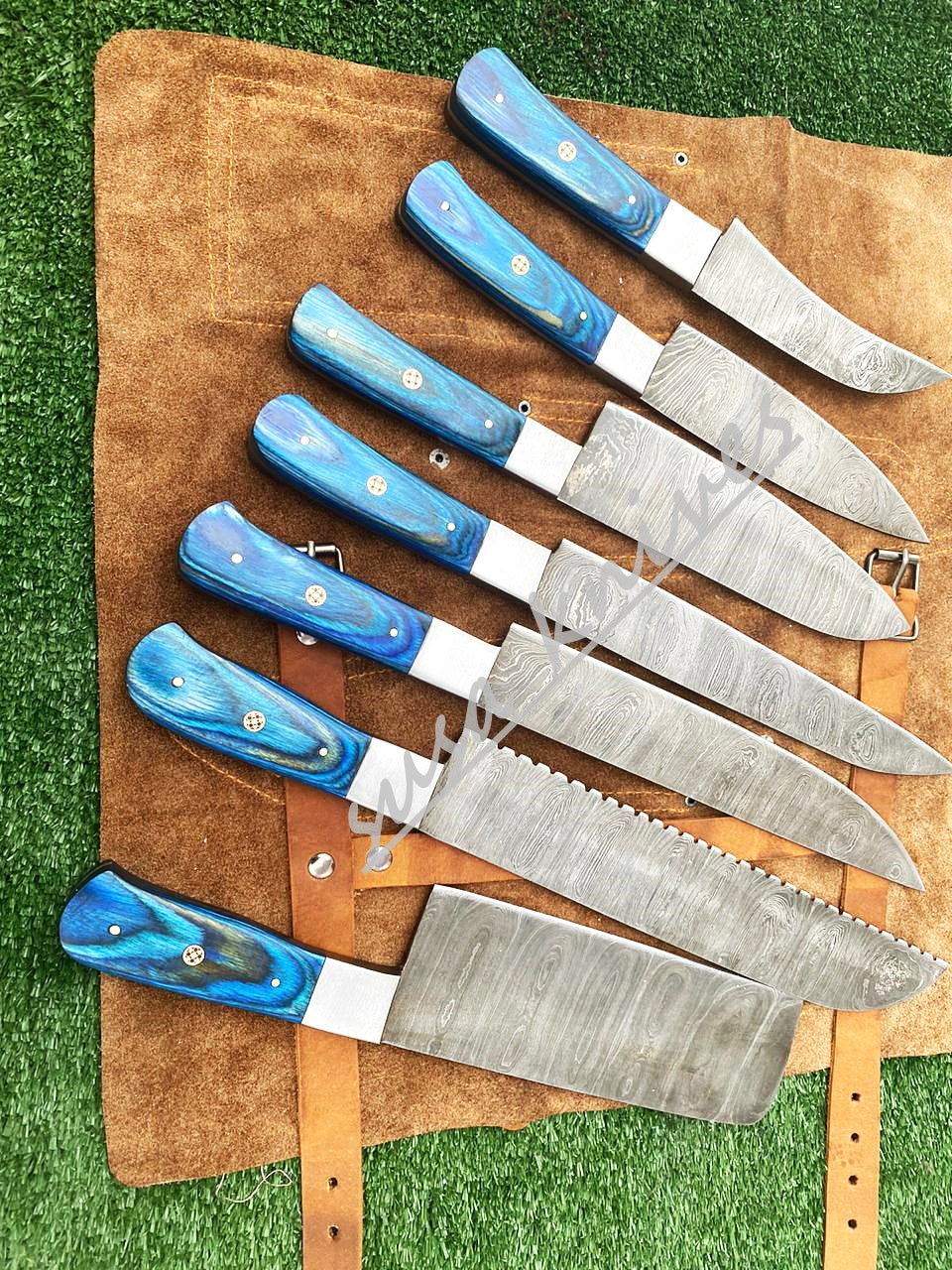 Set Of 7 Beautiful Handmade Damascus Steel Chef Knives With Leather Bag - SUSA KNIVES