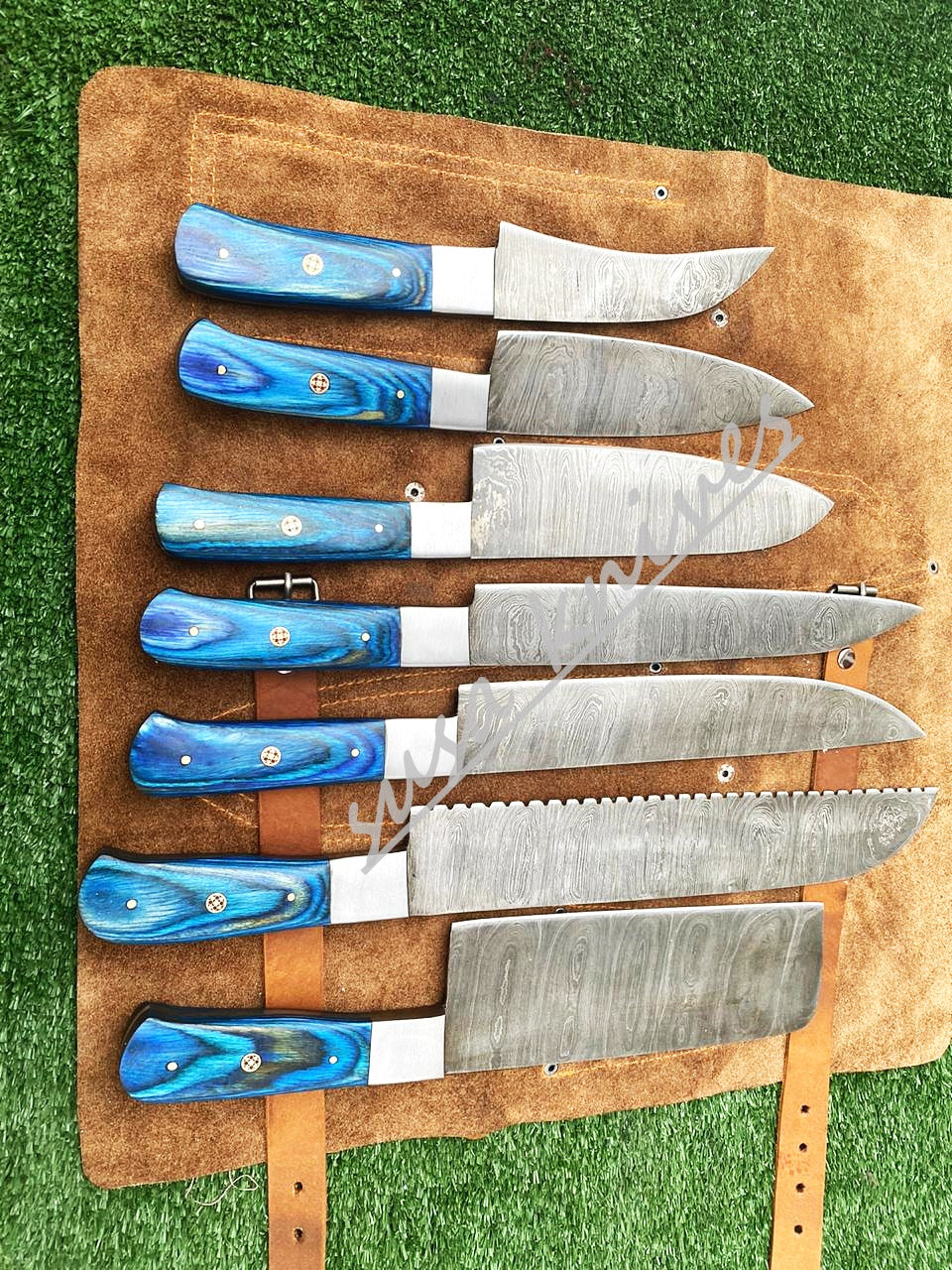 Set Of 7 Beautiful Handmade Damascus Steel Chef Knives With Leather Bag - SUSA KNIVES