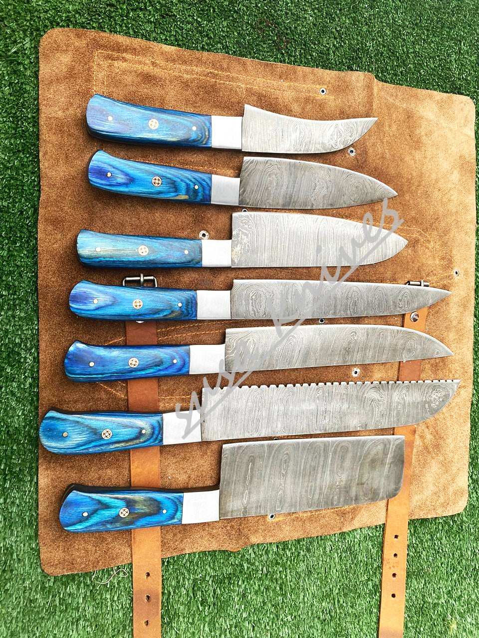 Set Of 7 Beautiful Handmade Damascus Steel Chef Knives With Leather Bag - SUSA KNIVES