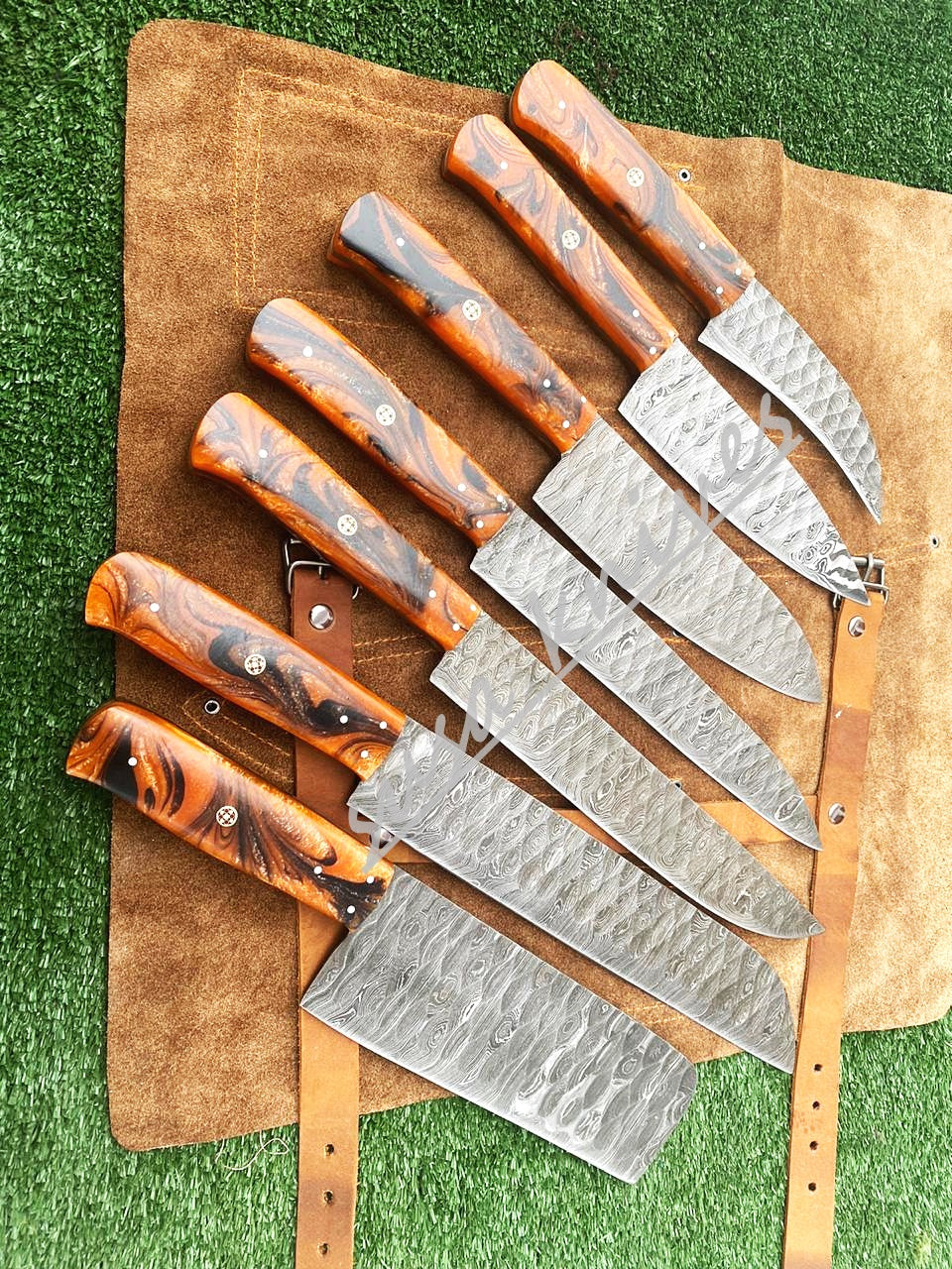 Set Of 7 Beautiful Handmade Damascus Steel Chef Knives With Leather Bag - SUSA KNIVES