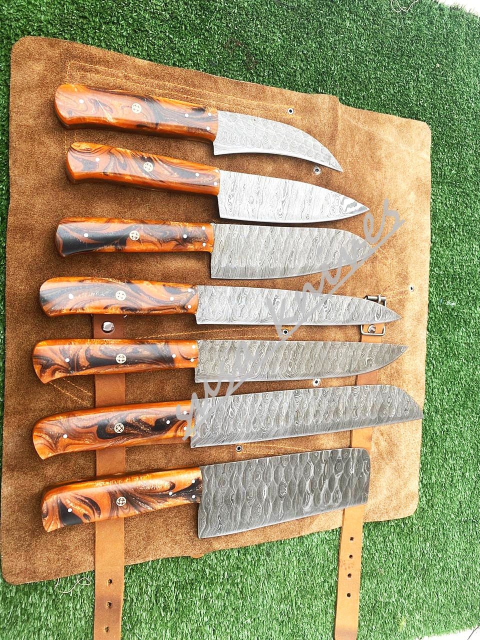 Set Of 7 Beautiful Handmade Damascus Steel Chef Knives With Leather Bag - SUSA KNIVES