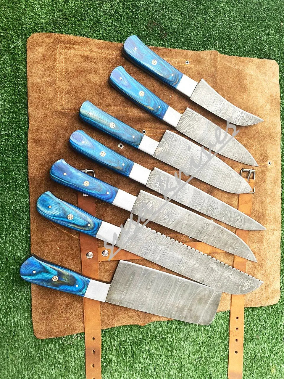 Set Of 7 Beautiful Handmade Damascus Steel Chef Knives With Leather Bag - SUSA KNIVES