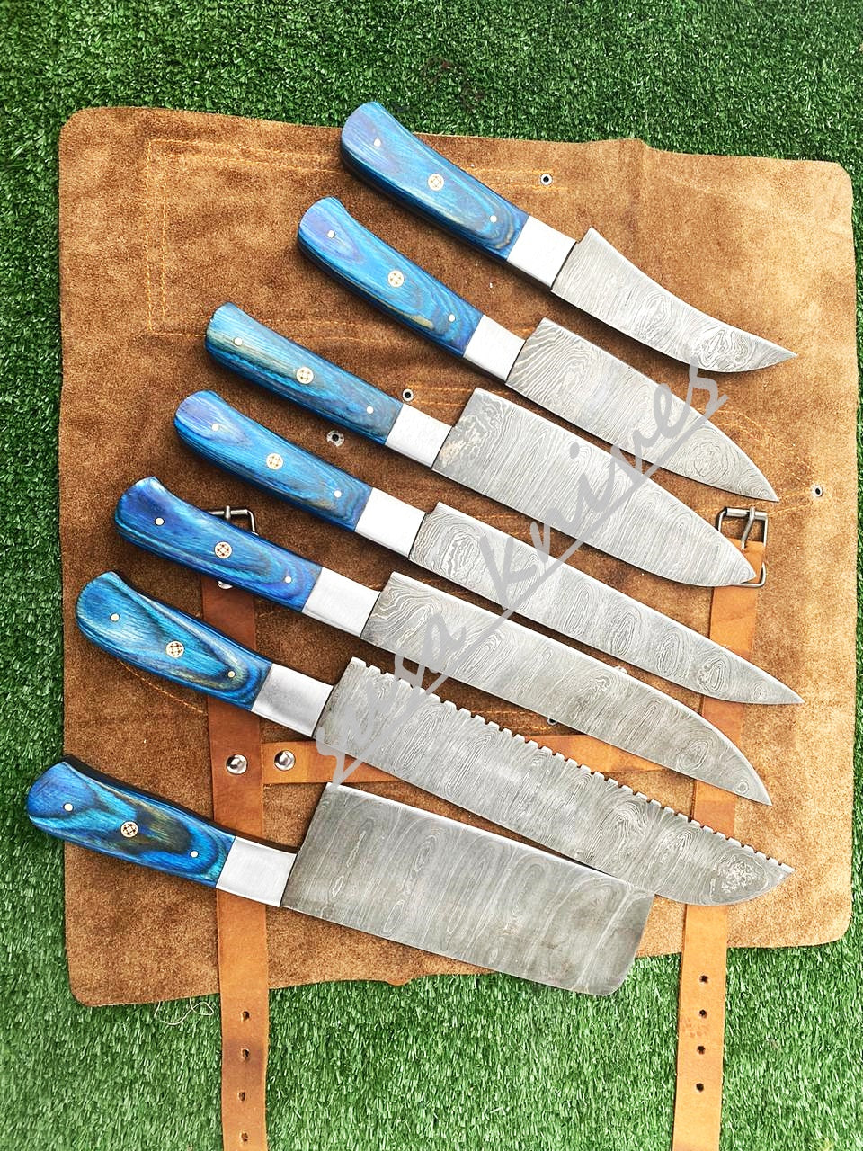 Set Of 7 Beautiful Handmade Damascus Steel Chef Knives With Leather Bag - SUSA KNIVES