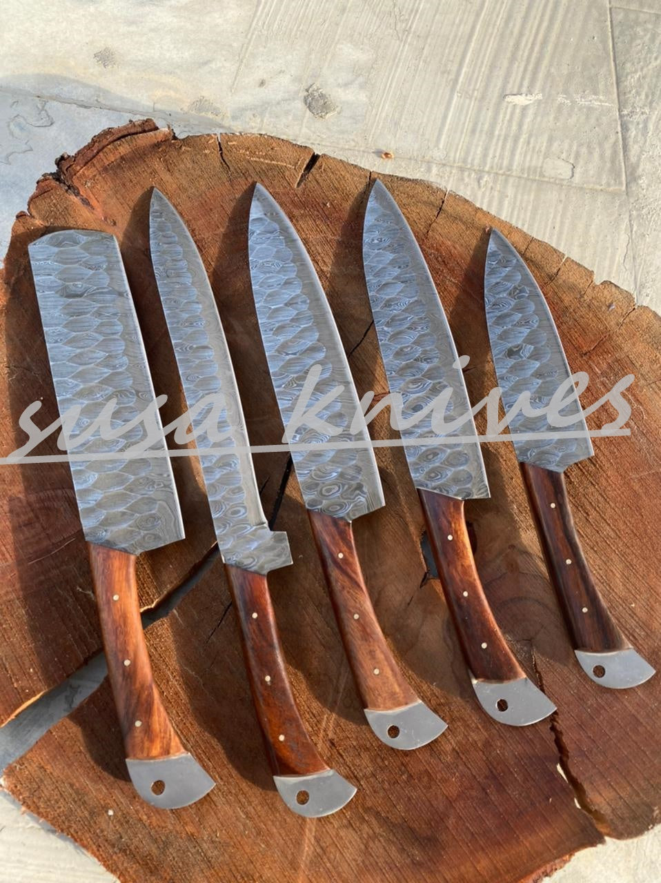 SUSA KNIVES Customized Handmade Damascus Chef Set, 05 Pcs Kitchen Knife Set with Brown Leather Roll, Wedding Gift, Groomsmen Gift for Independance day
