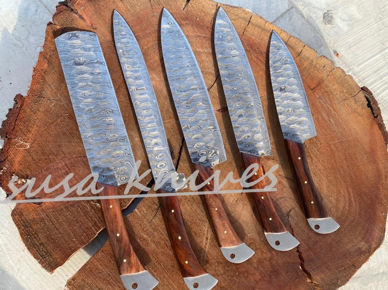 SUSA KNIVES Customized Handmade Damascus Chef Set, 05 Pcs Kitchen Knife Set with Brown Leather Roll, Wedding Gift, Groomsmen Gift for Independance day
