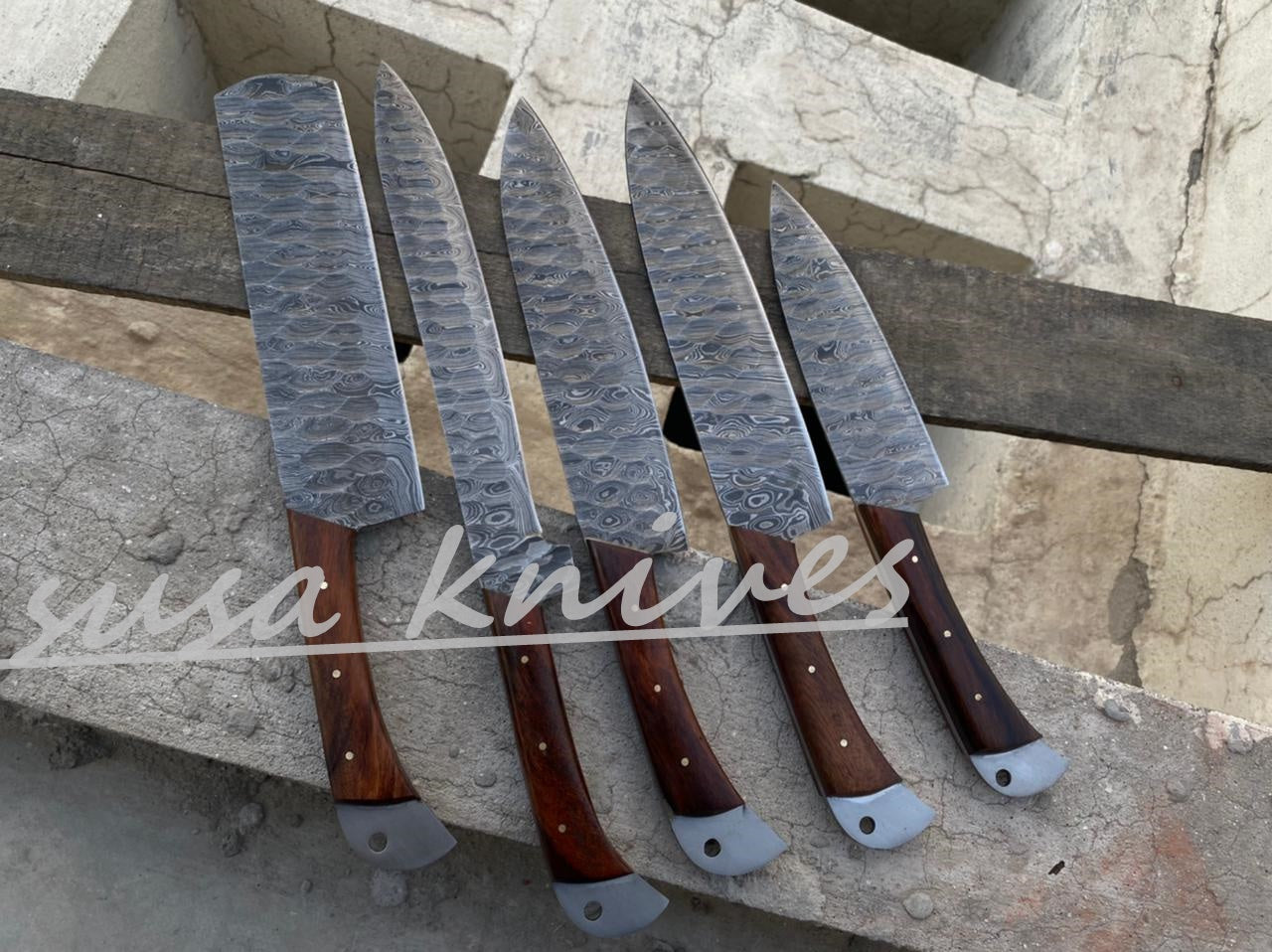 SUSA KNIVES Customized Handmade Damascus Chef Set, 05 Pcs Kitchen Knife Set with Brown Leather Roll, Wedding Gift, Groomsmen Gift for Independance day