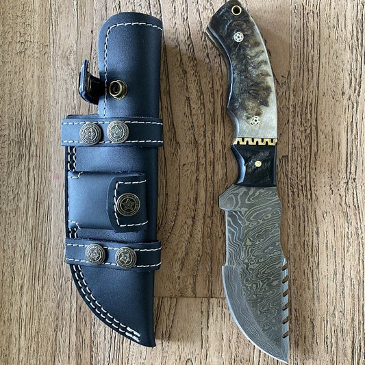 Damascus Tracker Knife Hunting Knife Sheep horn, Ladder Pattern, Blank +Sheath - SUSA KNIVES