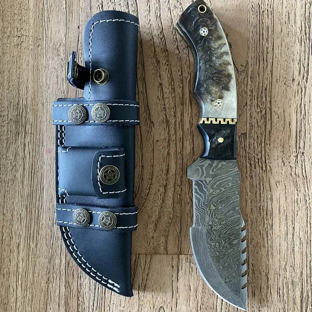 Damascus Tracker Knife Hunting Knife Sheep horn, Ladder Pattern, Blank +Sheath - SUSA KNIVES