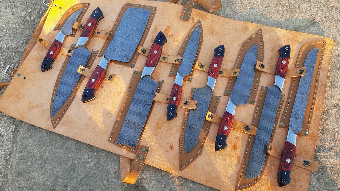 9 PC's Beautiful Handmade Damascus Steel Chef Kitchen Knife Set With Leather Sheath - SUSA KNIVES