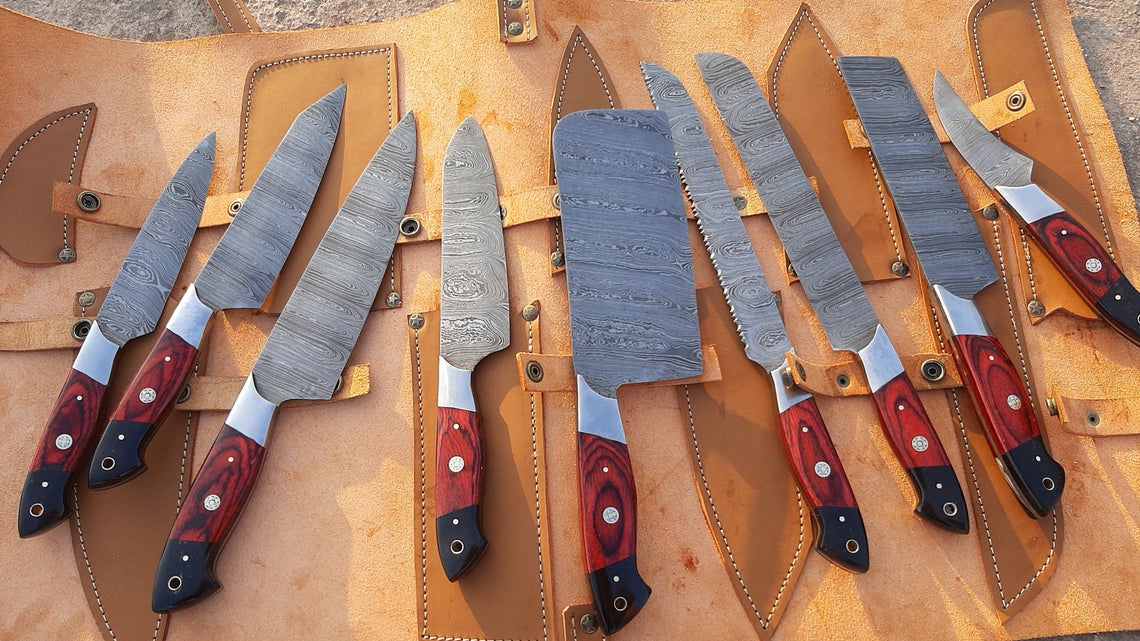9 PC's Beautiful Handmade Damascus Steel Chef Kitchen Knife Set With Leather Sheath - SUSA KNIVES