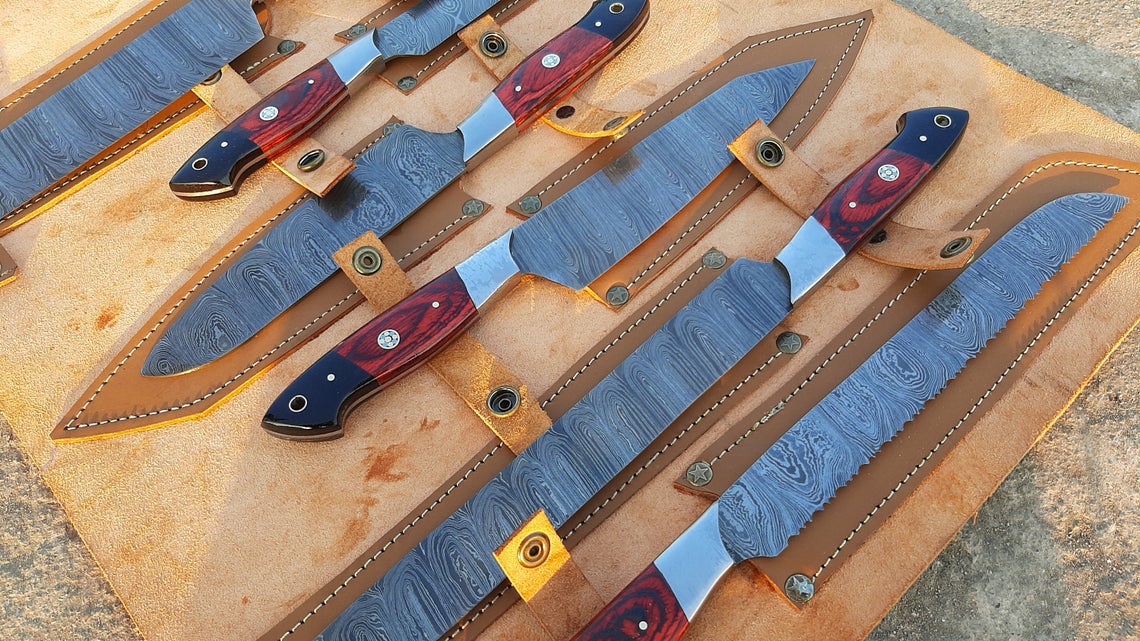 9 PC's Beautiful Handmade Damascus Steel Chef Kitchen Knife Set With Leather Sheath - SUSA KNIVES