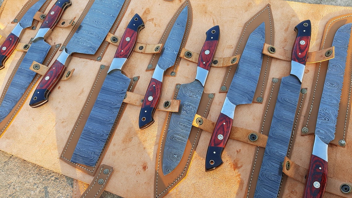 9 PC's Beautiful Handmade Damascus Steel Chef Kitchen Knife Set With Leather Sheath - SUSA KNIVES