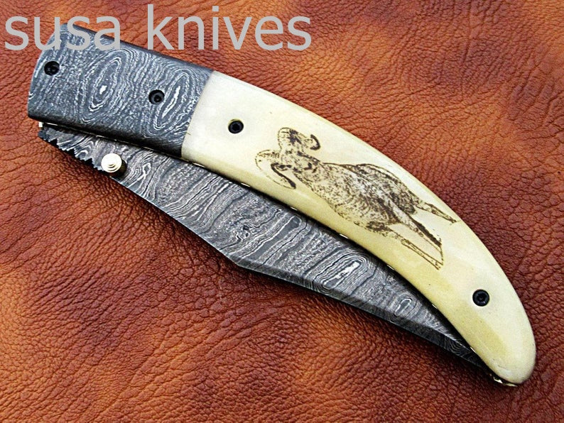 Newly Design Custom Hand Made Damascus Steel Hunting Pocket Knife/Folding Knife with Scrimshaw/Christmas Gift/Anniversary Gift - SUSA KNIVES